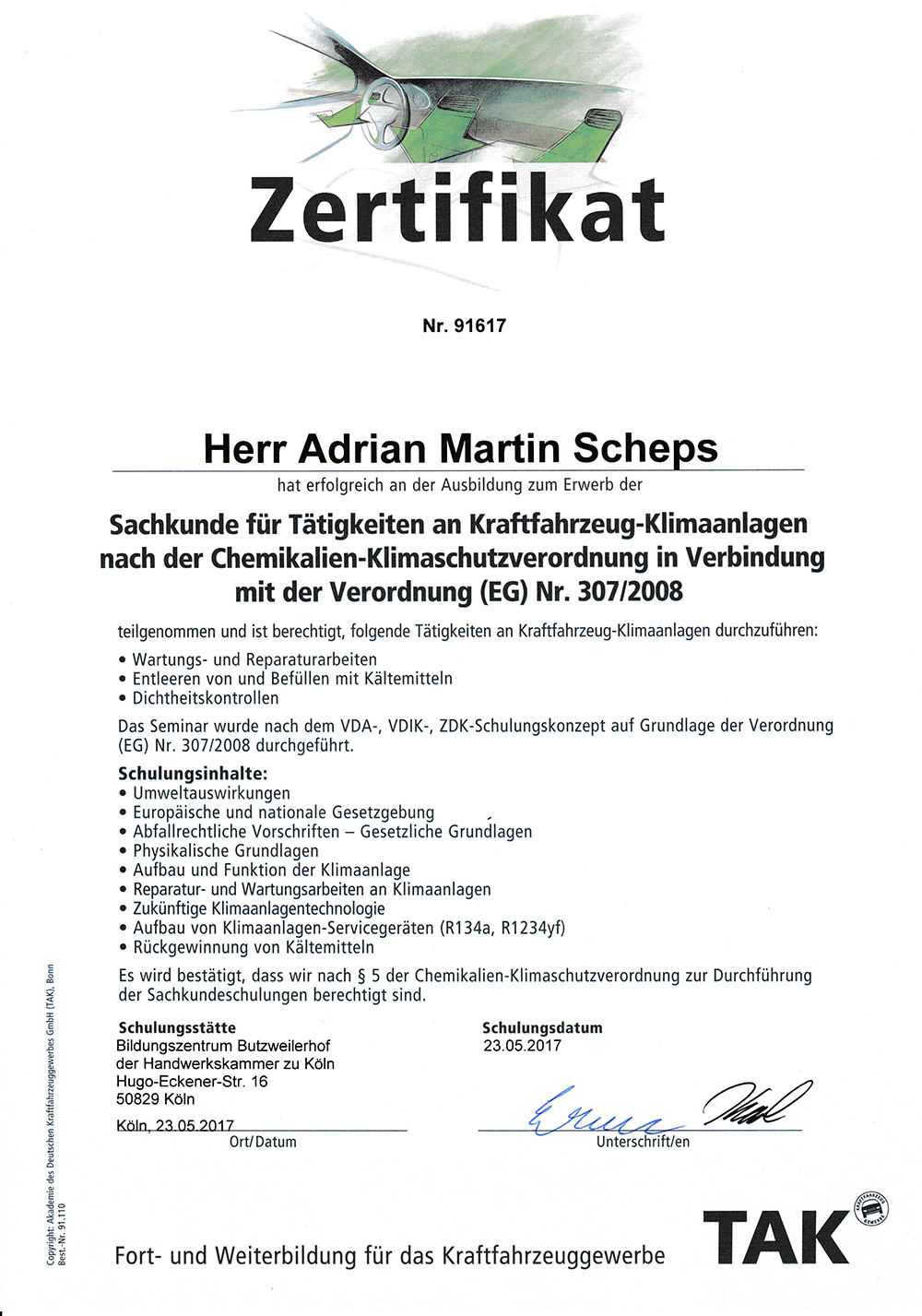 SachkundeKlima Sachkunde für Klimaanlagen Zertifikat Adrian Scheps